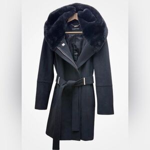 Calvin Klein Black WoolCoat with Faux Fur Collar